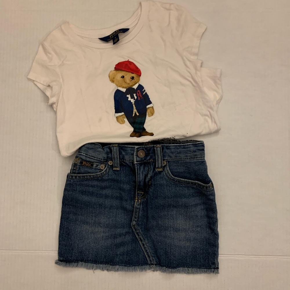 Polo Ralph Lauren White T-Shirt with Bear Graphic and Denim Skirt
